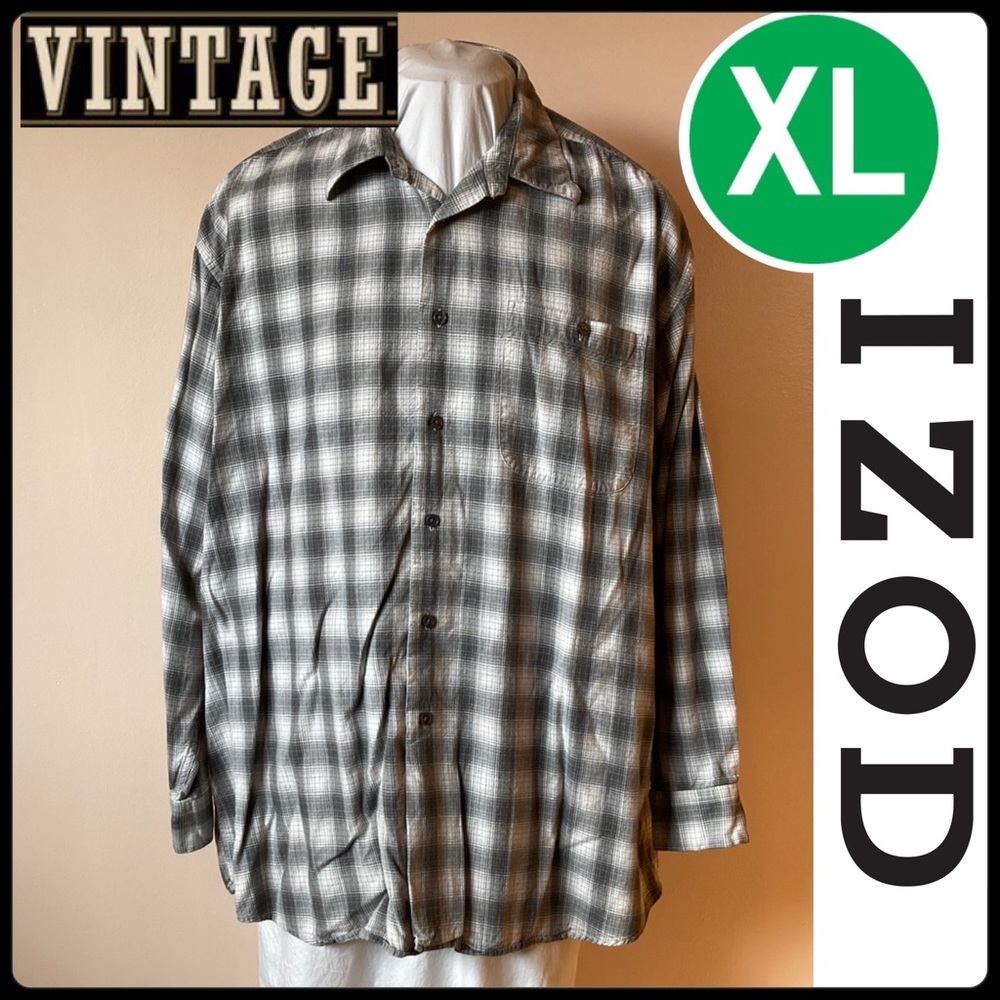 IZOD Silver Gray Plaid Button Down Flannel XL